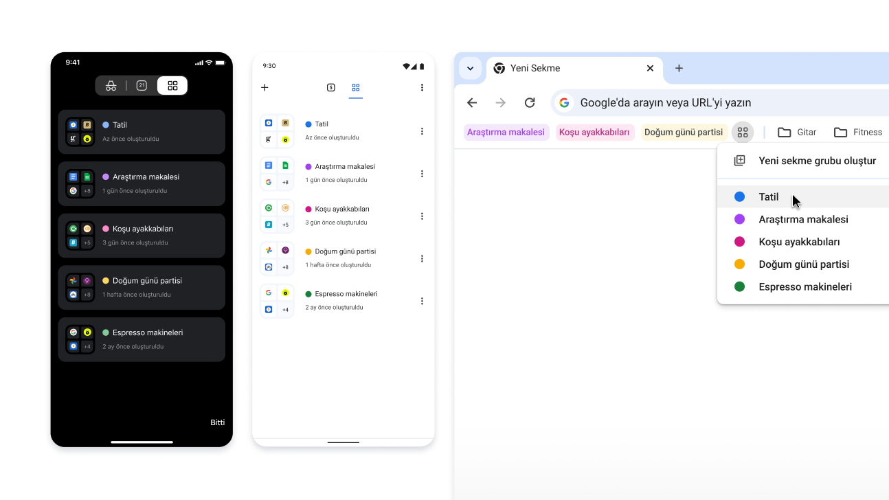 iOS, Android ve masaüstü cihazlarda sekme grupları